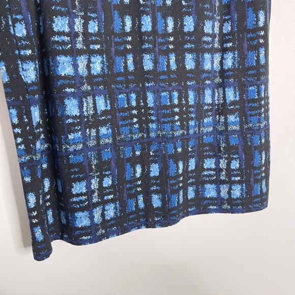 J Mclaughlin 6 Blue Plaid Print Knit Pencil Skirt Rayon Stretch Work Office - Picture 6 of 9